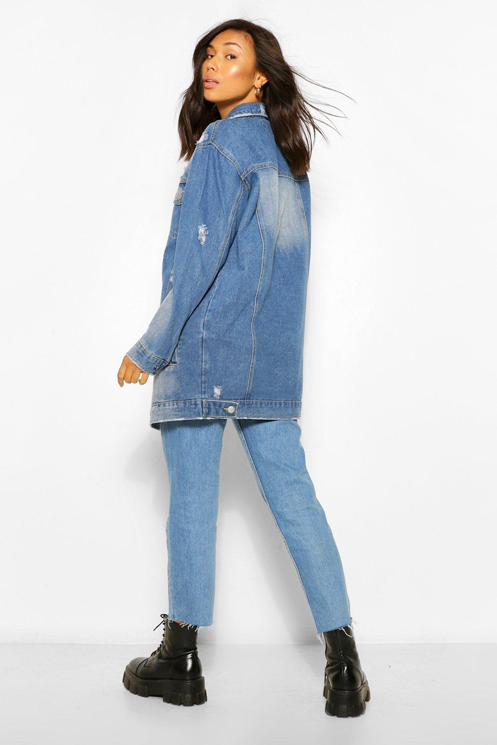 Distressed Longline Denim Jacket boohoo UK